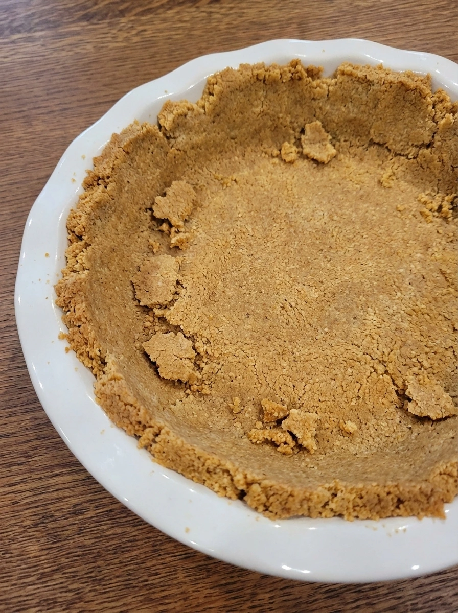 Pressed graham cracker crust in a natural white dish