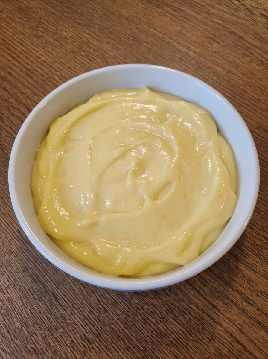 Glossy pale yellow lemon cream filling with soft ripples