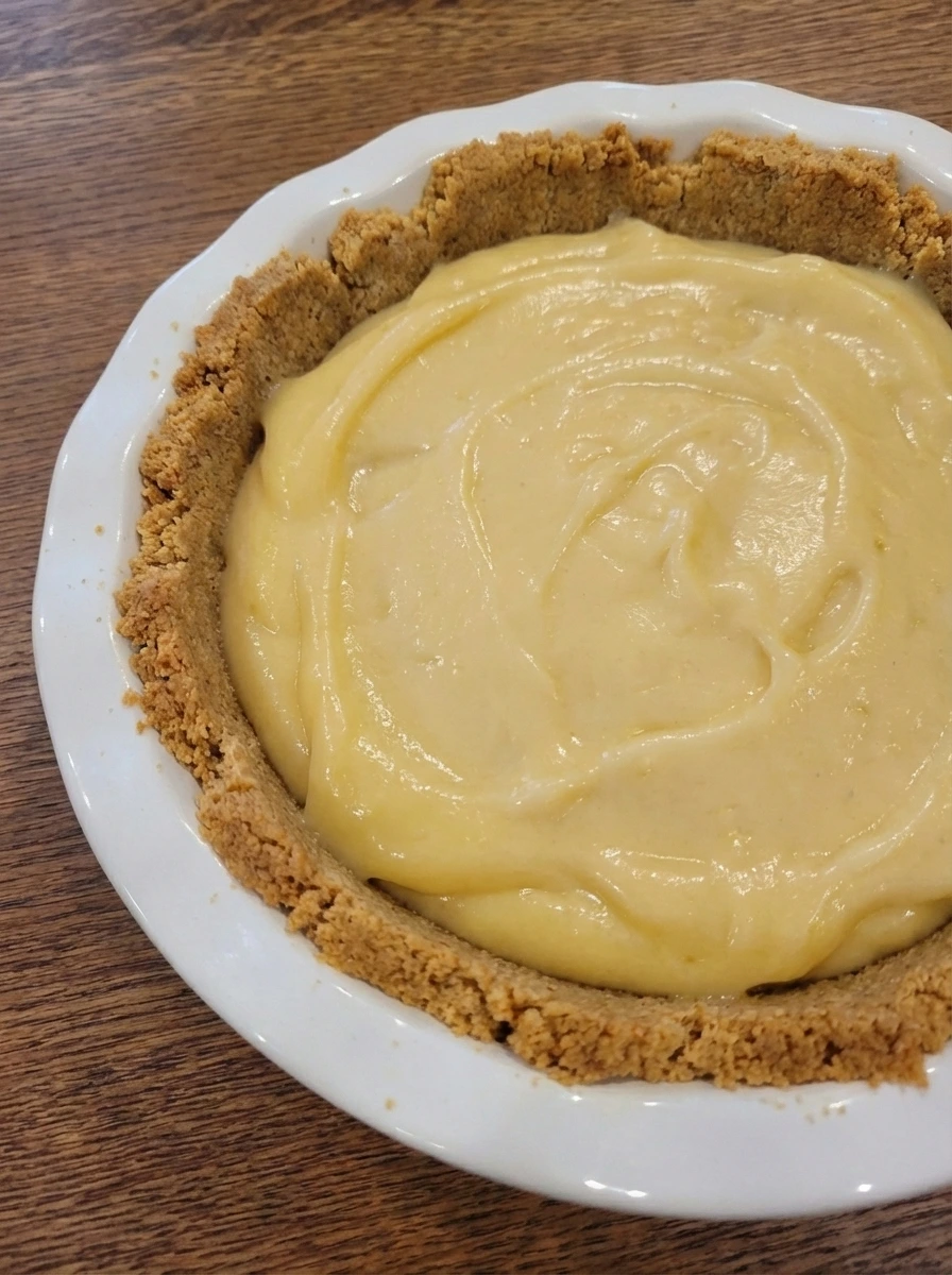 Lemon cream filling spread into graham cracker crust