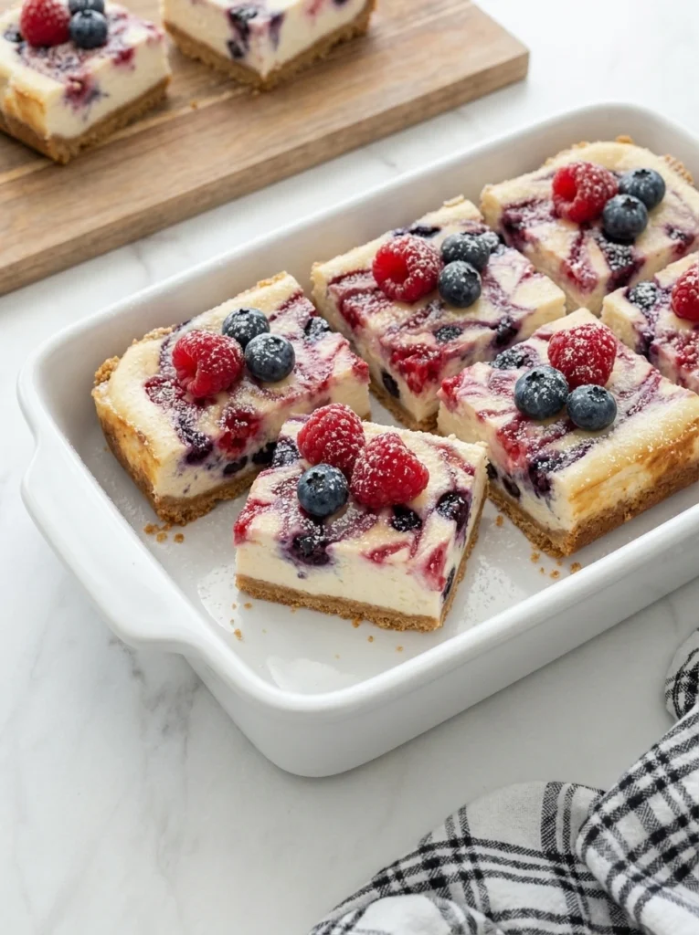 Easy Memorial Day Berry Cheesecake Bars with strawberries blueberries raspberries and crumb crust.