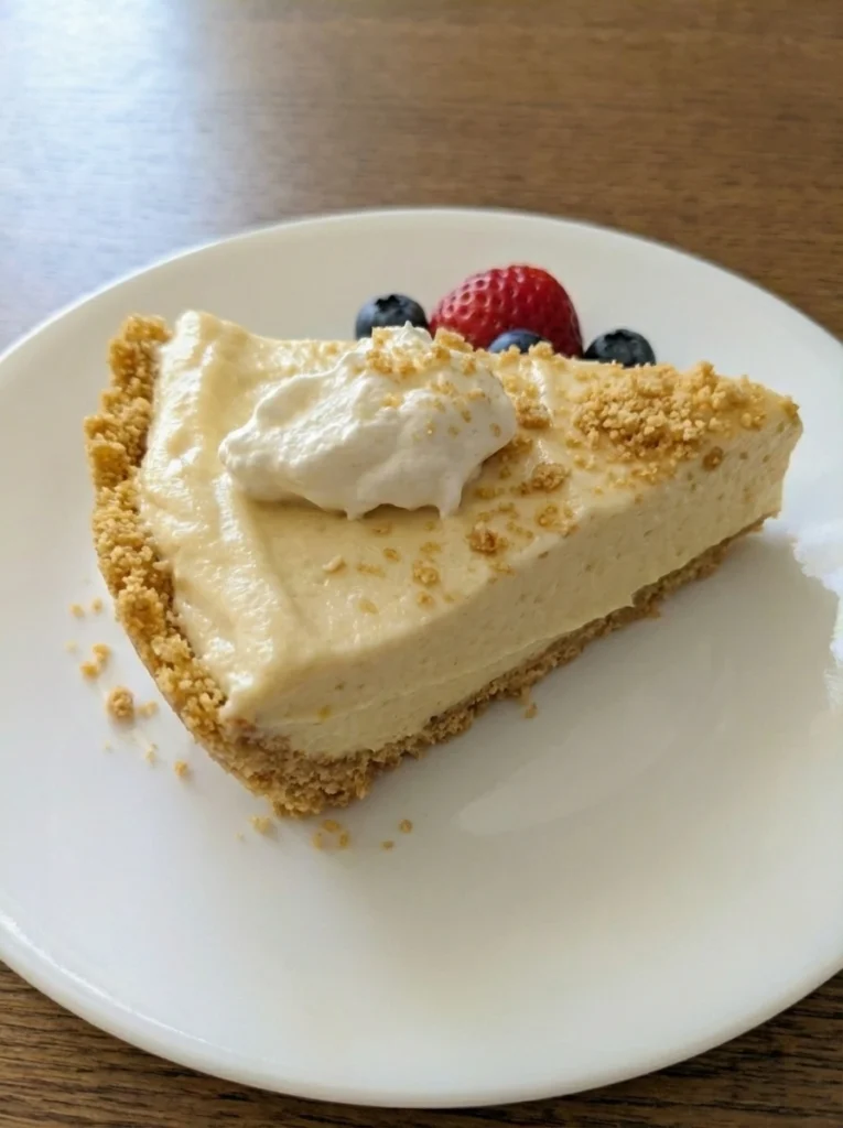 Easy No Bake Cheesecake slice on a white ceramic dessert plate with whipped cream and berries.