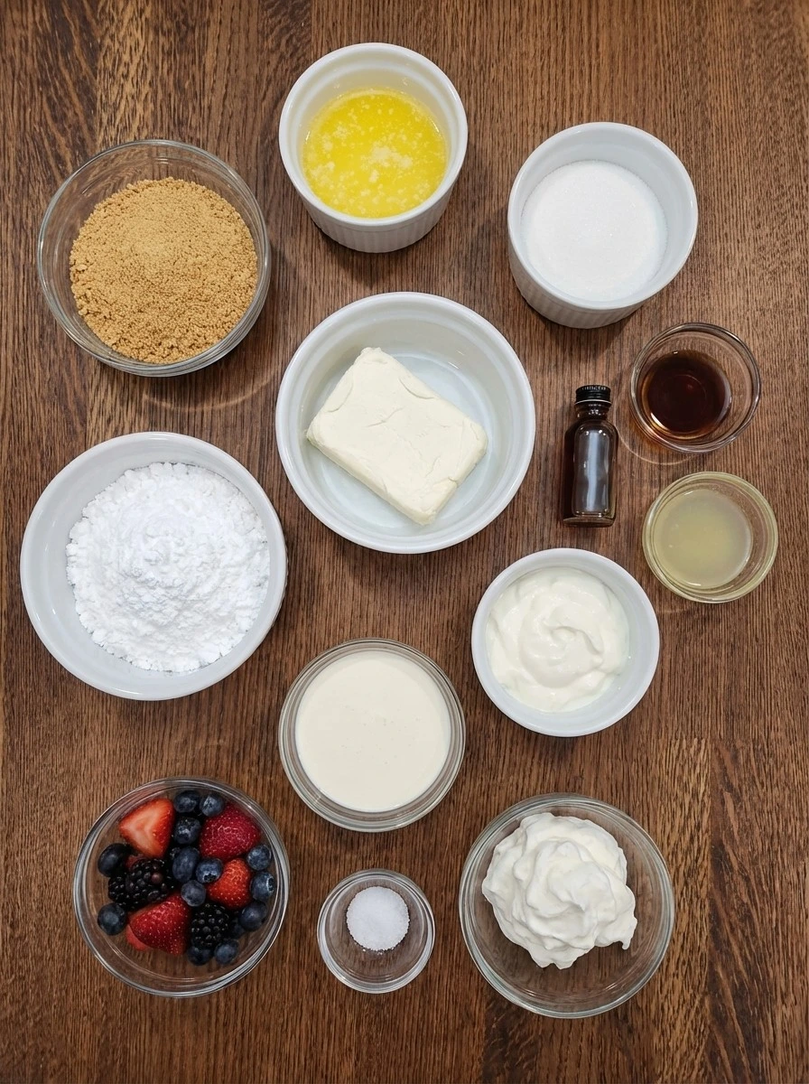 Ingredients for Easy No Bake Cheesecake in separate small containers.