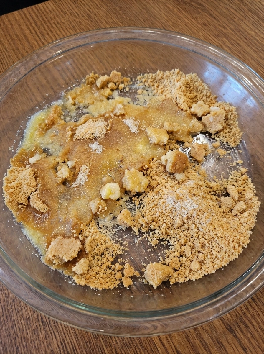 Graham cracker crumbs partially mixed with melted butter for cheesecake crust.