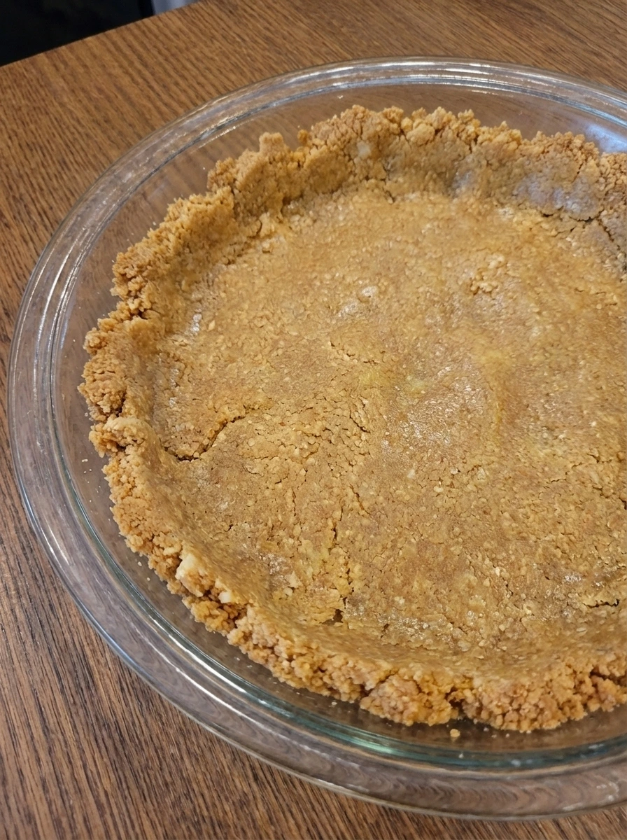 Pressed graham cracker crust in a round cheesecake dish.