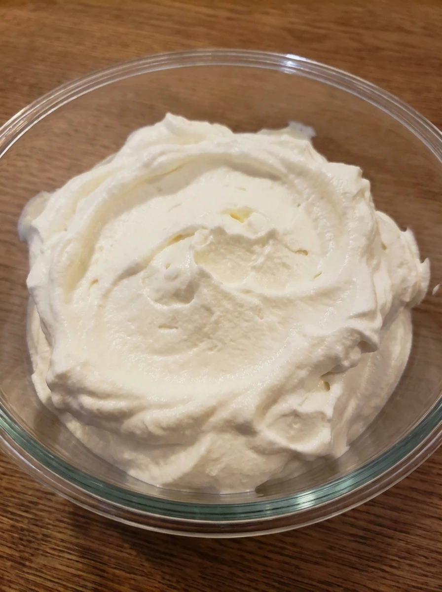 Whipped cream at soft peaks for cheesecake filling.