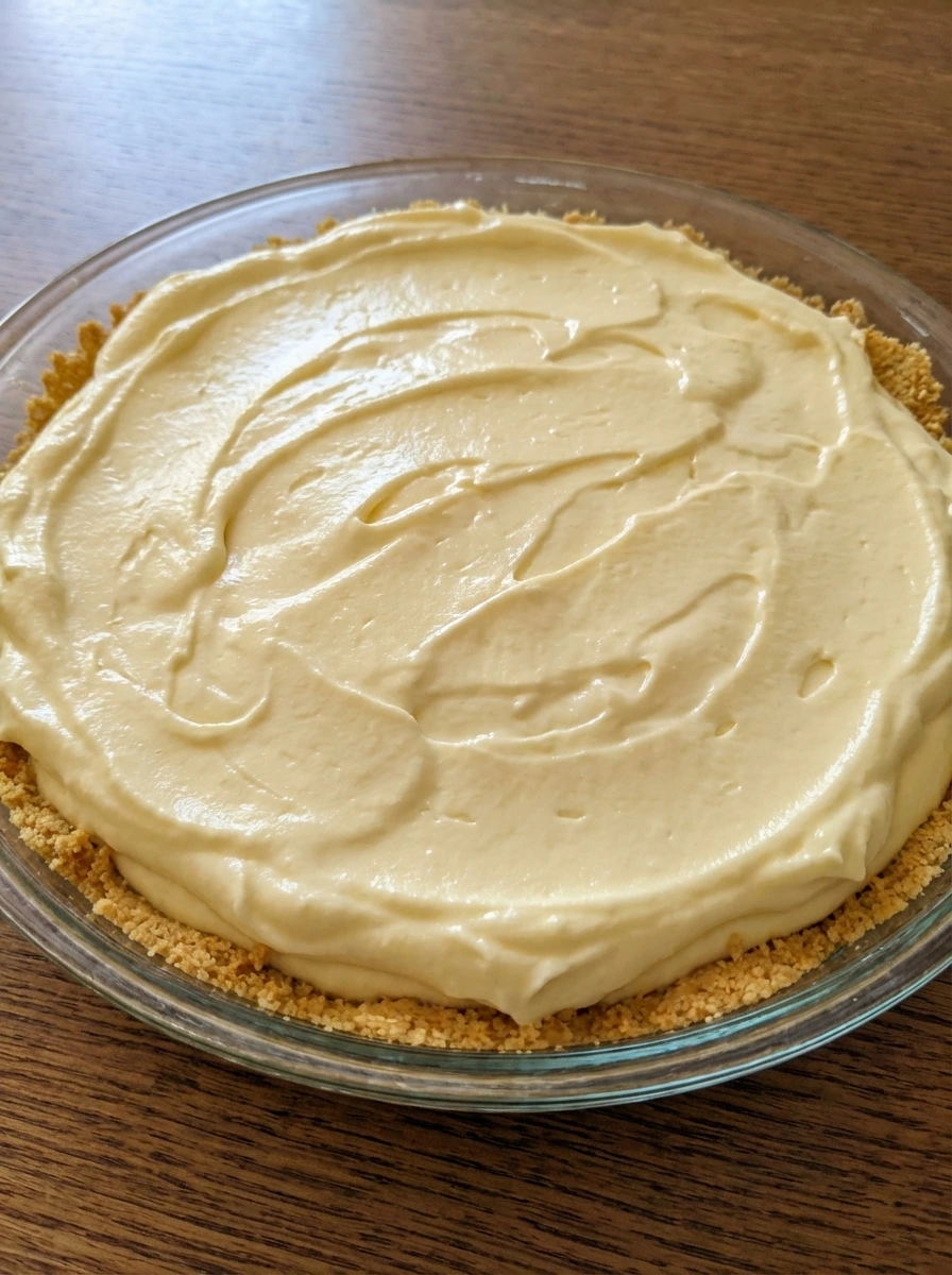 Cheesecake filling spread over crust with soft swirls.