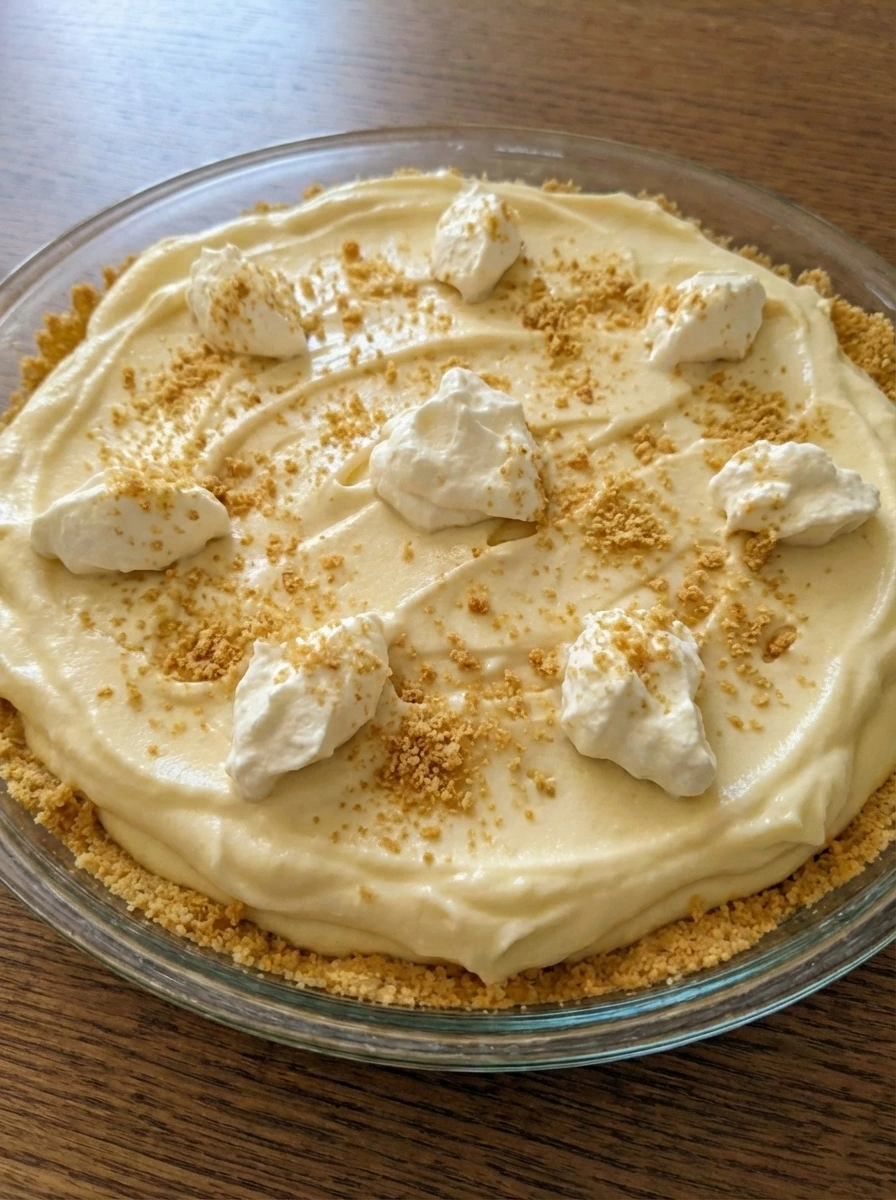 Chilled cheesecake topped with crumbs and whipped cream.