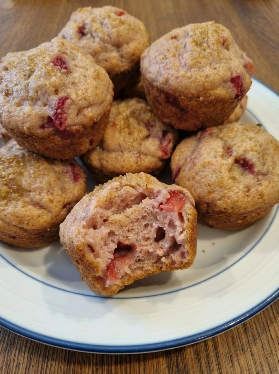 Easy Strawberry Muffins on a white plate with golden tops and juicy strawberry pieces