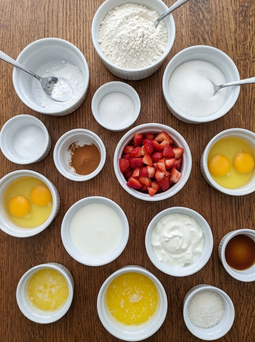 Ingredients for Easy Strawberry Muffins in separate small bowls