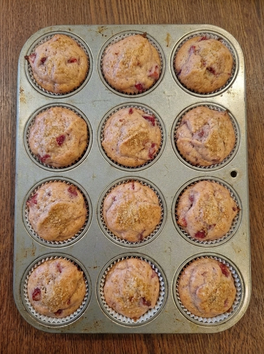 Baked strawberry muffins with golden tops in the pan