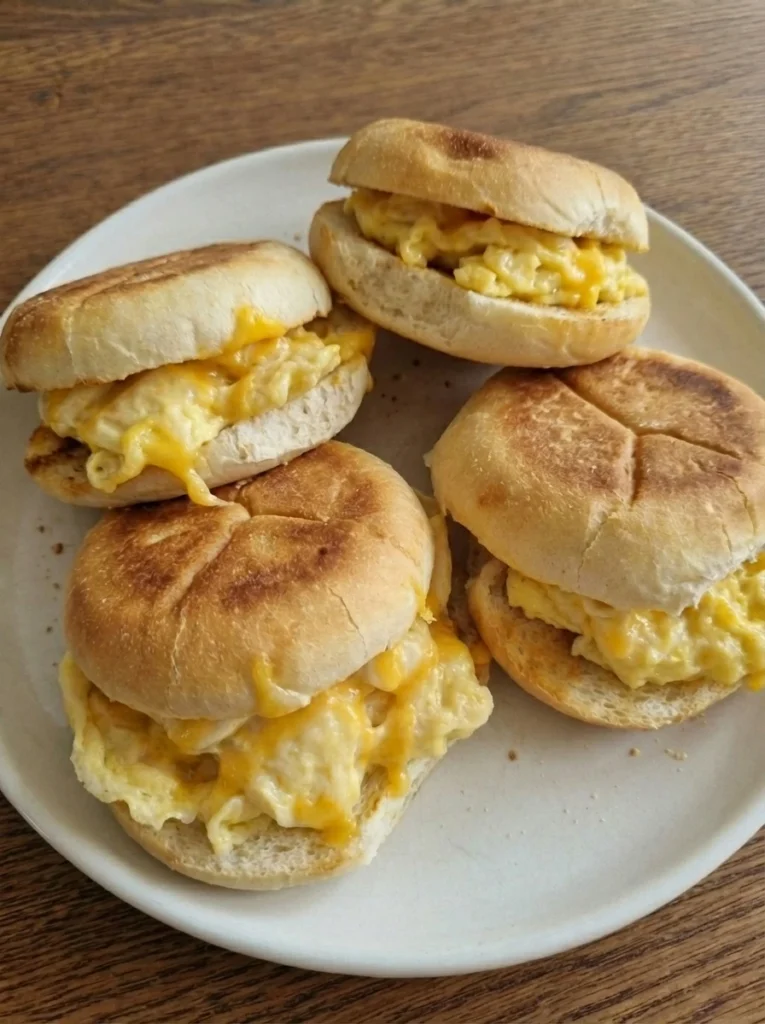 Egg and Cheese Breakfast Sandwich with melted cheddar and soft eggs on a white ceramic plate
