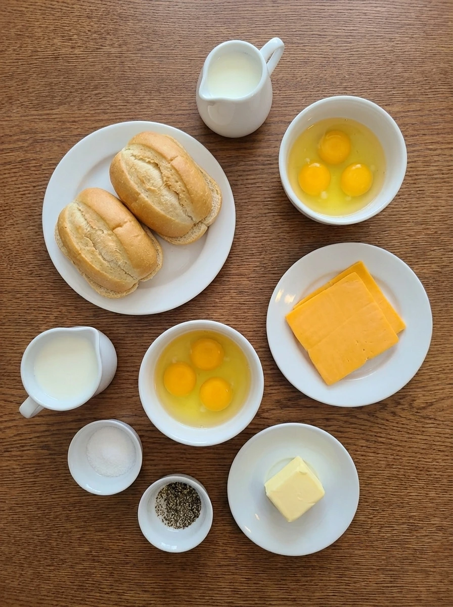Ingredients for Egg and Cheese Breakfast Sandwich in separate white containers
