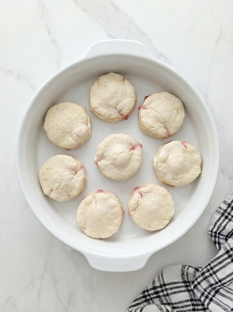 Biscuit dough filled with rhubarb cheesecake filling