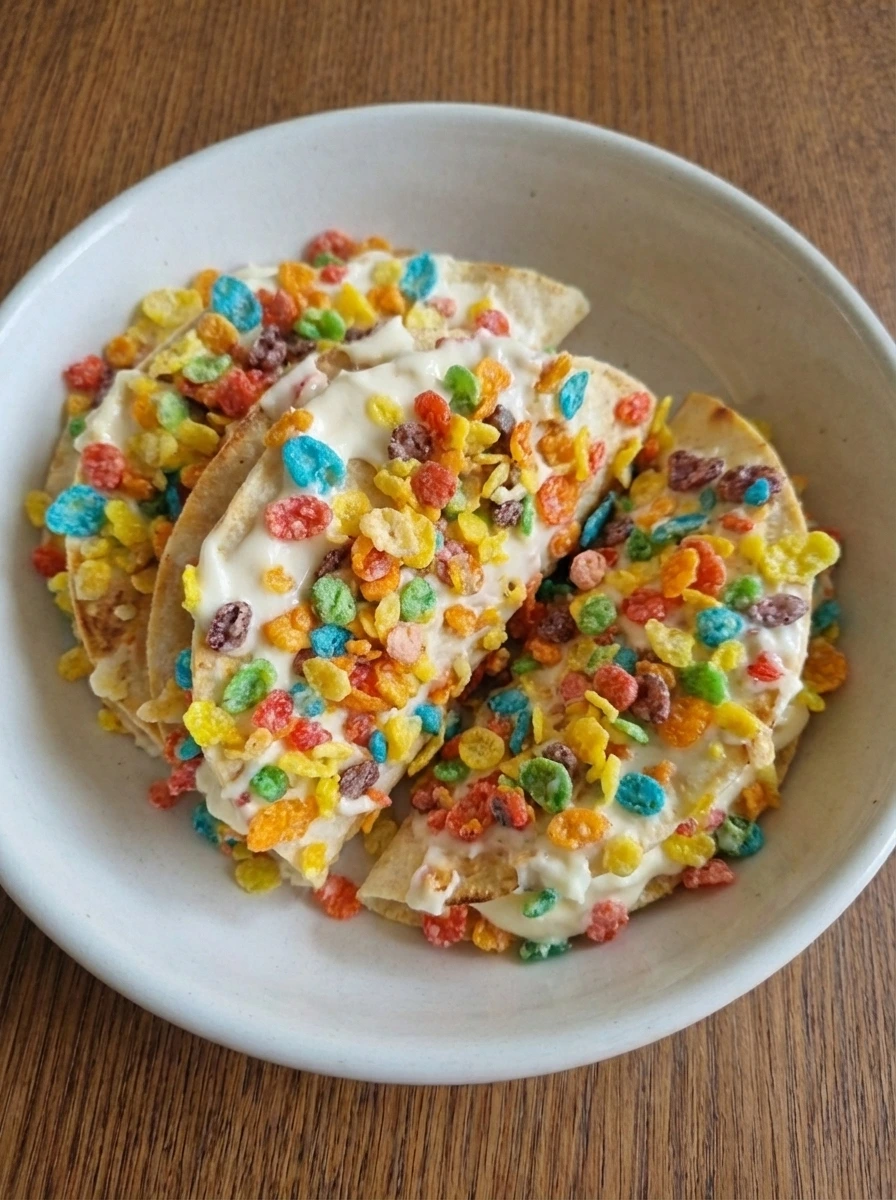Fruity Pebbles taco shells filled with creamy cheesecake mixture