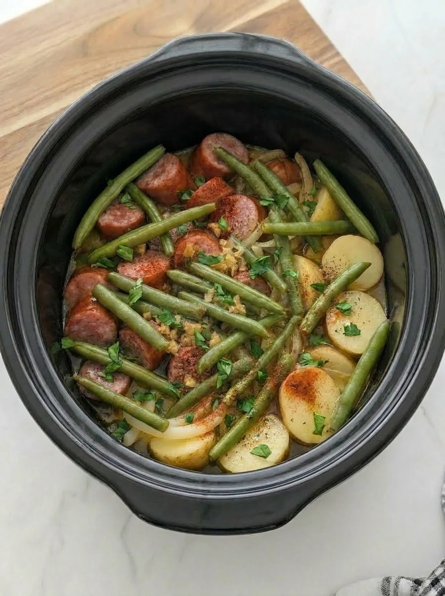 Finished Crockpot Kielbasa and Green Beans with parsley in slow cooker
