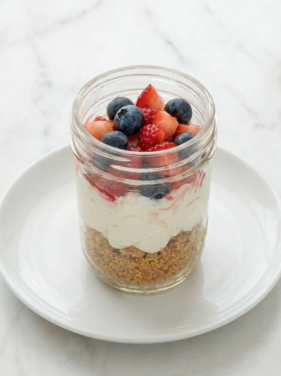 Finished No-Bake Red White and Blue Cheesecake Jars