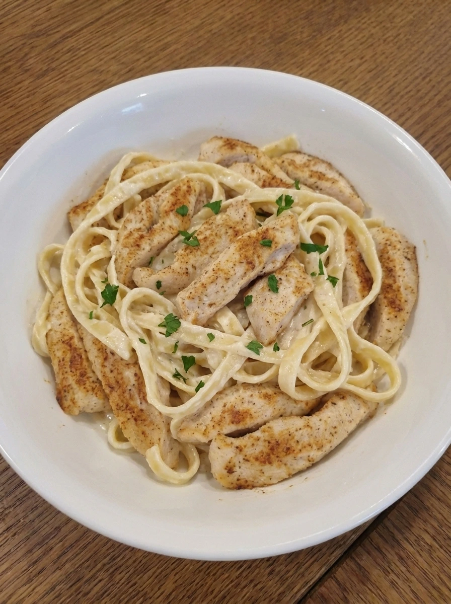 Finished Creamy Chicken Alfredo Pasta with golden chicken and parsley on a white dish