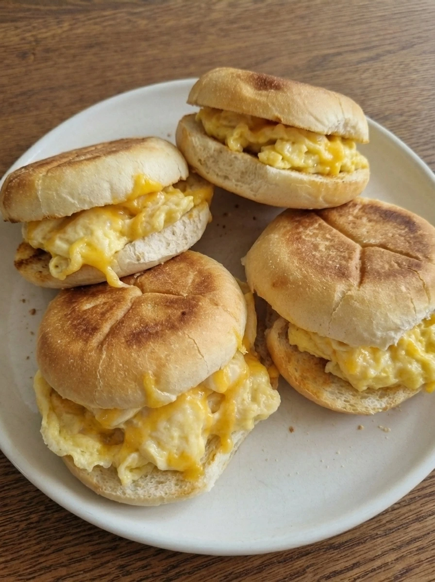 Finished Egg and Cheese Breakfast Sandwich with browned bread and melted cheese on a white dish