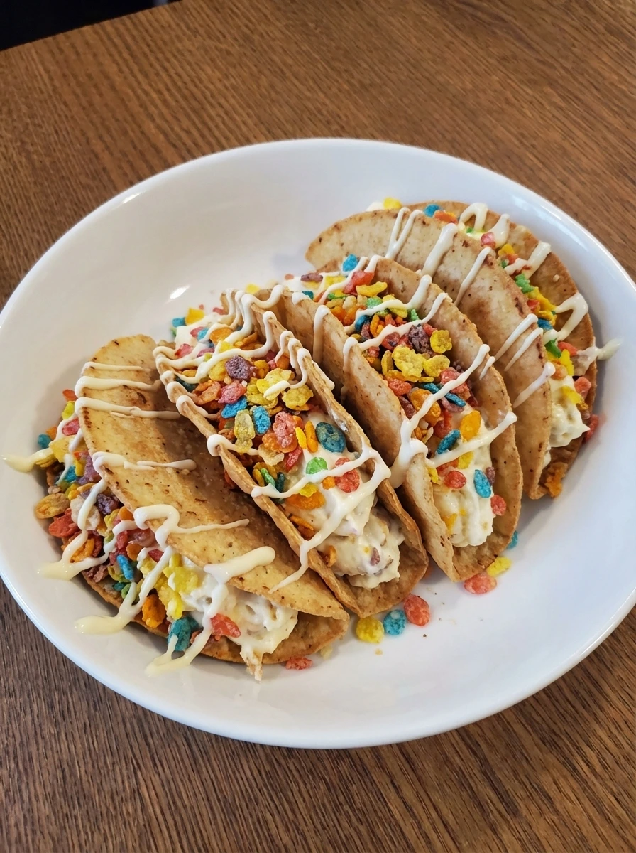 Finished Fruity Pebbles Cheesecake Tacos with creamy filling and colorful cereal topping