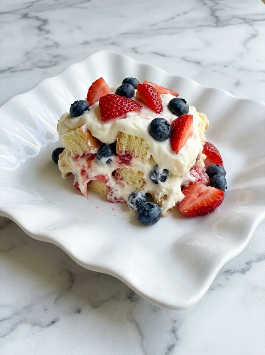 Finished Red White and Blue Trifle with Creamy Layers chilled and ready to serve.
