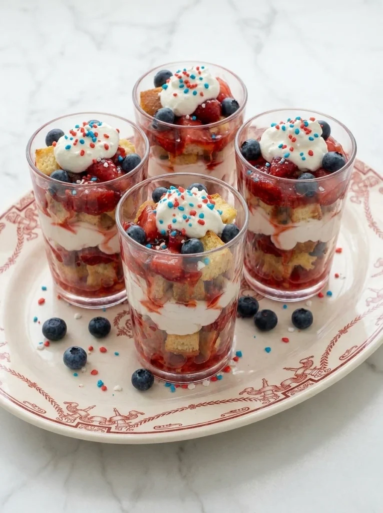 Firecracker Strawberry Shortcake Cups with strawberries, whipped cream, toasted pound cake and popping candy.