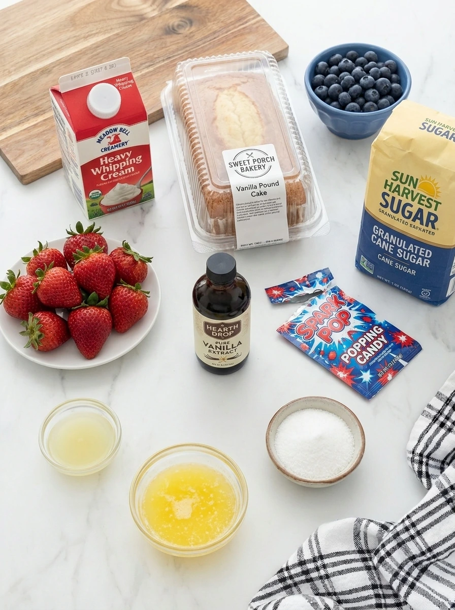 Ingredients for Firecracker Strawberry Shortcake Cups arranged in small containers.