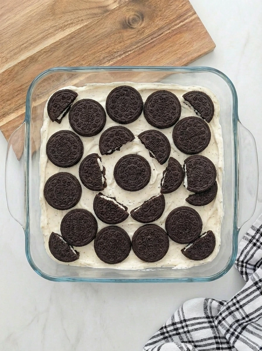 First Oreo layer for Patriotic Oreo Icebox Cake.