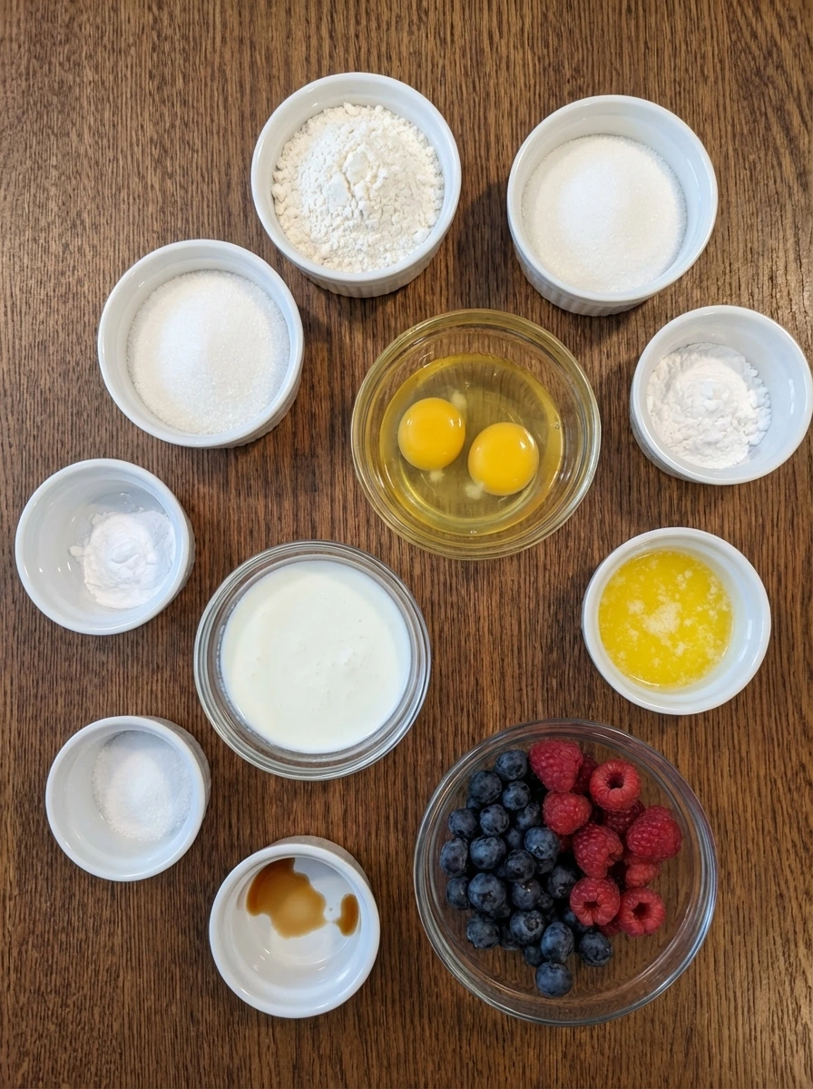 Raw ingredients for Fluffy Buttermilk Pancakes in separate small containers