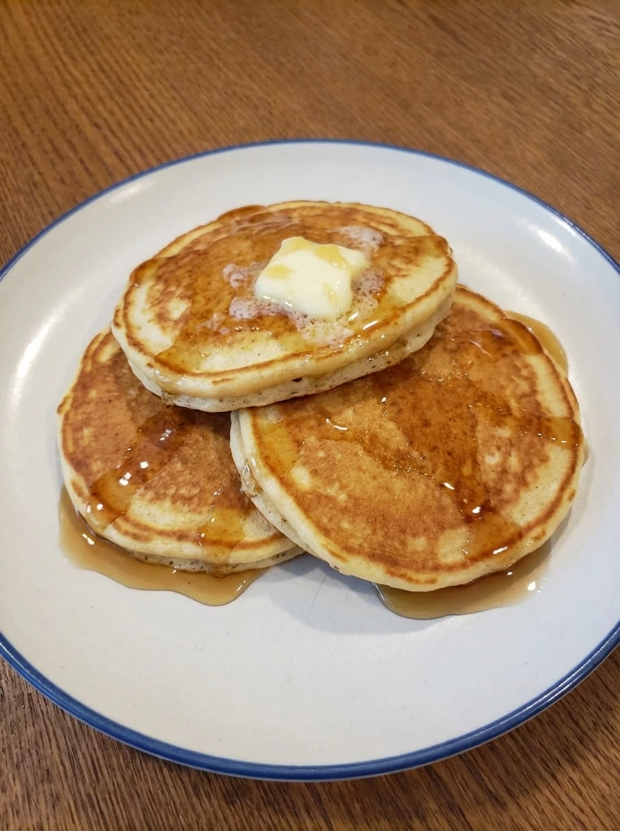 Stacked pancakes finished with melting butter and maple syrup