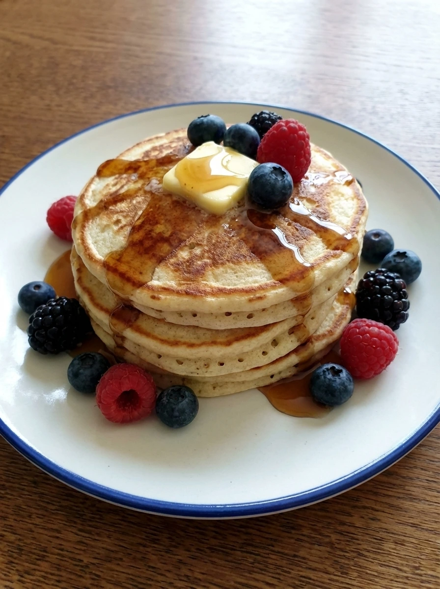 Plated Fluffy Buttermilk Pancakes with berries butter and syrup