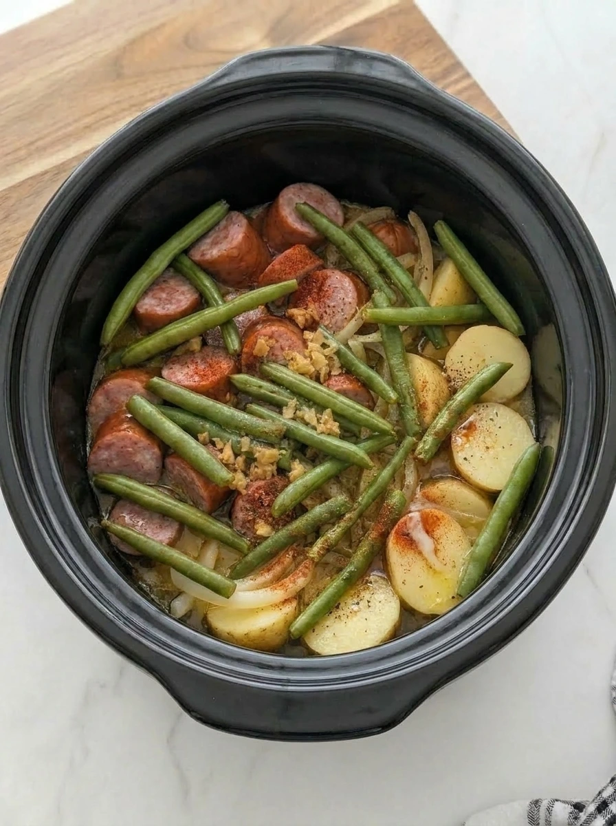 Tender kielbasa green beans and potatoes folded in slow cooker