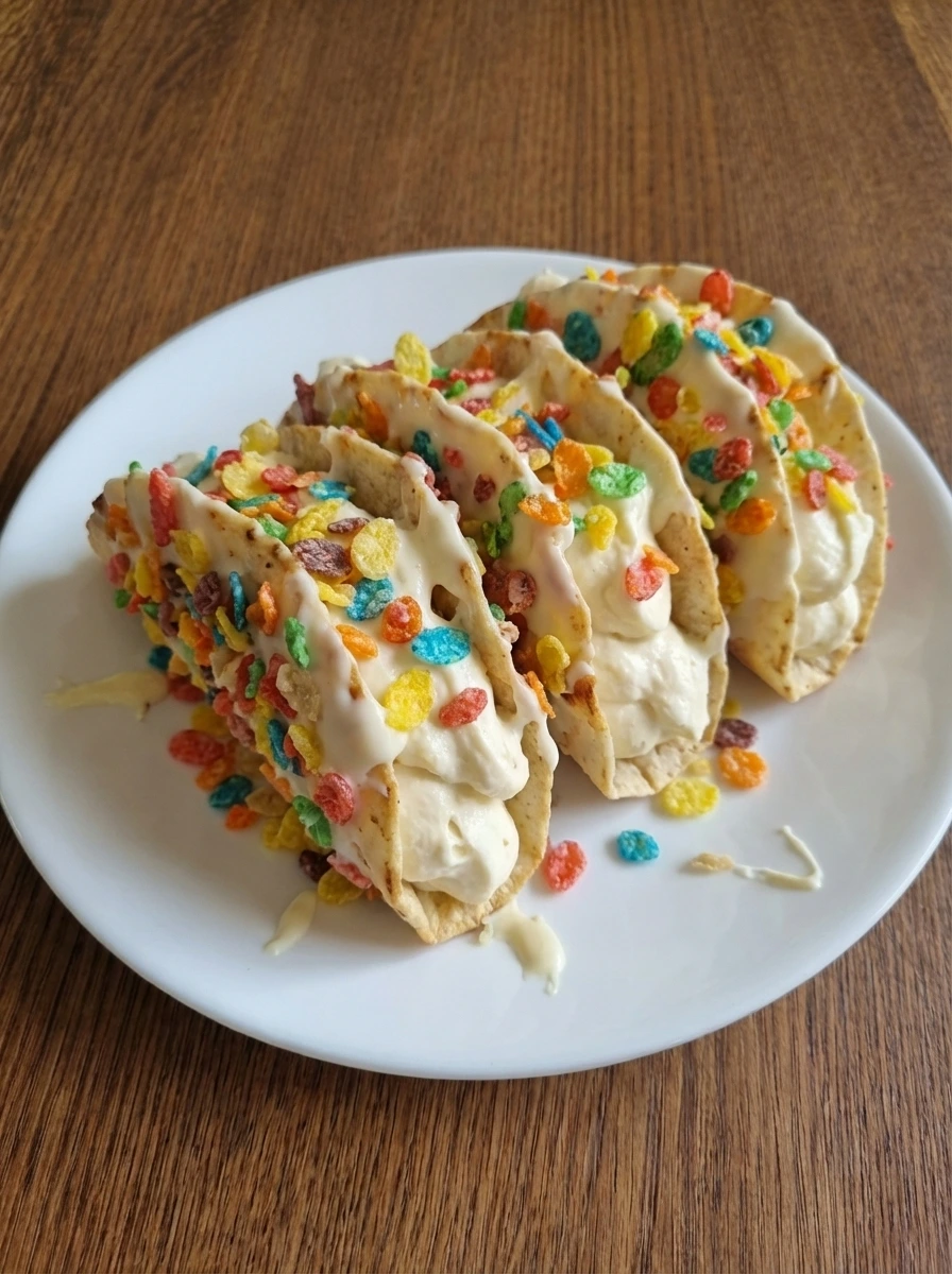 Fruity Pebbles Cheesecake Tacos on a white ceramic dessert plate with creamy filling and uneven cereal coating
