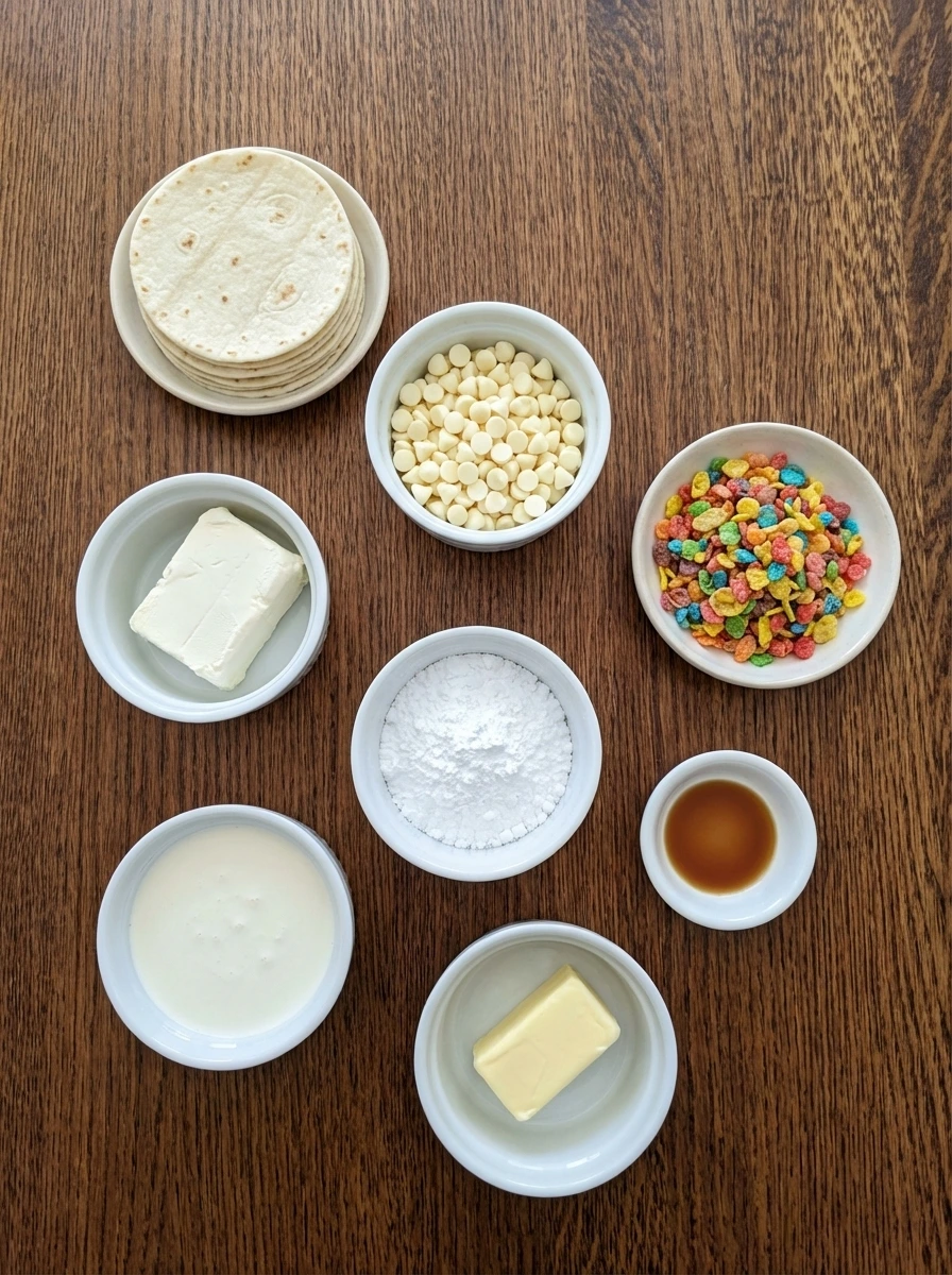 Ingredients for Fruity Pebbles Cheesecake Tacos in separate small white containers