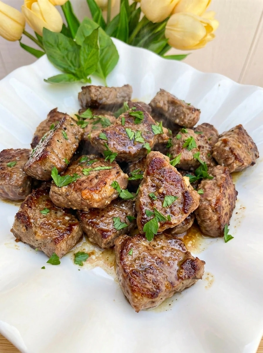 Garlic Butter Steak Bites on a white plate with browned edges and garlic butter glaze