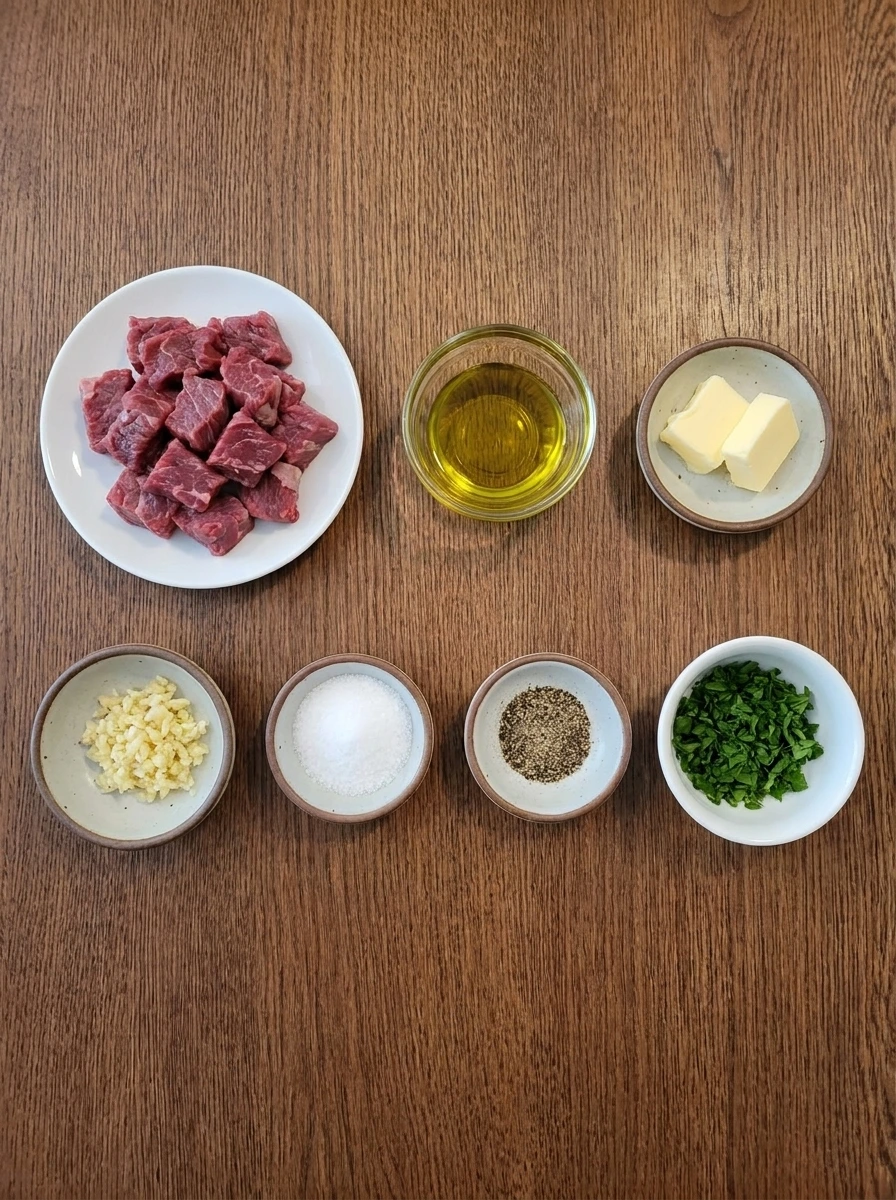 Ingredients for Garlic Butter Steak Bites in separate small containers
