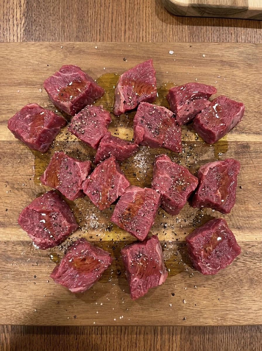 Raw steak pieces seasoned with salt and pepper on a wooden cutting board