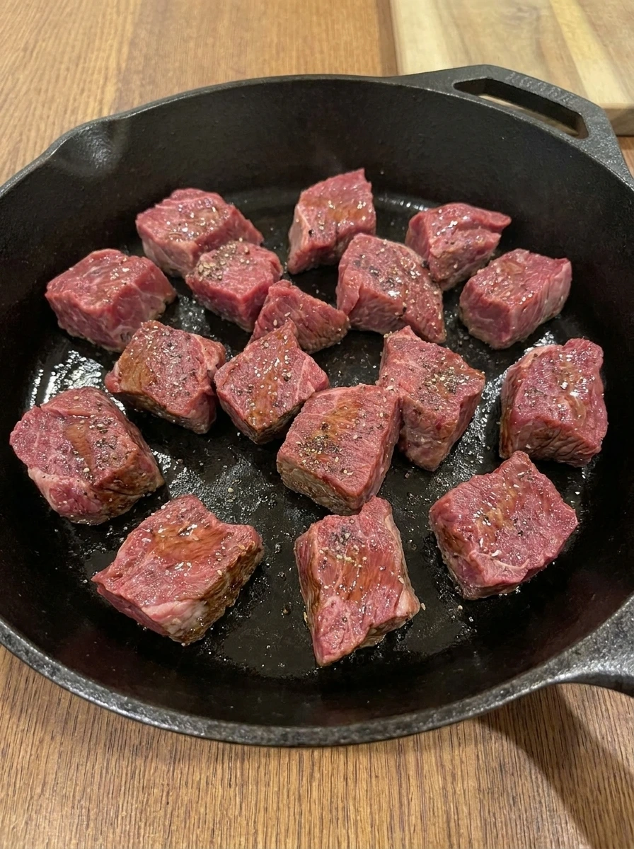 Steak bites searing with browned bottoms and red tops
