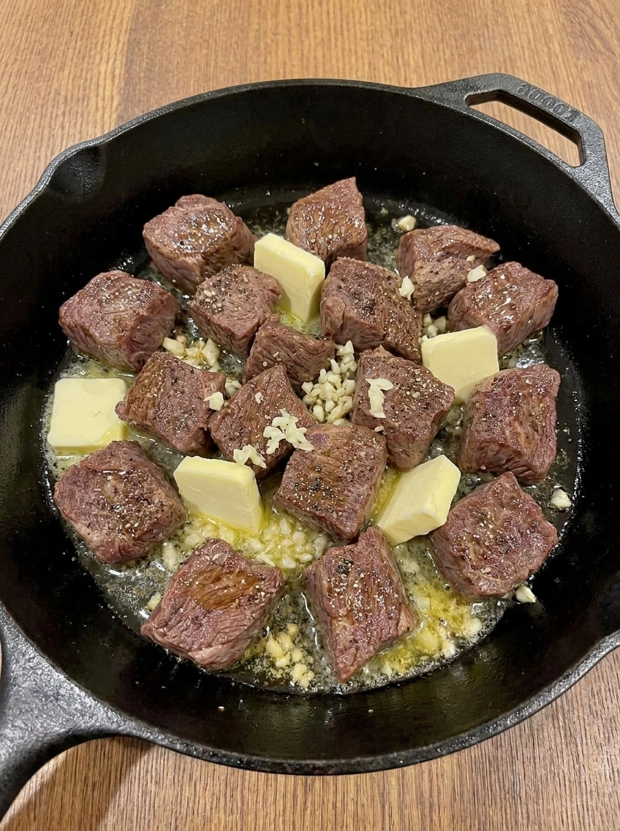 Flipped steak bites with melting butter and garlic in the skillet