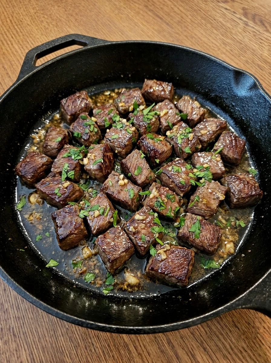 Steak bites coated in garlic butter with parsley in the skillet