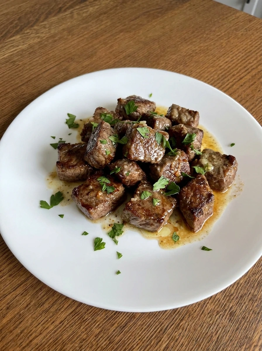 Plated Garlic Butter Steak Bites with parsley and garlic butter glaze