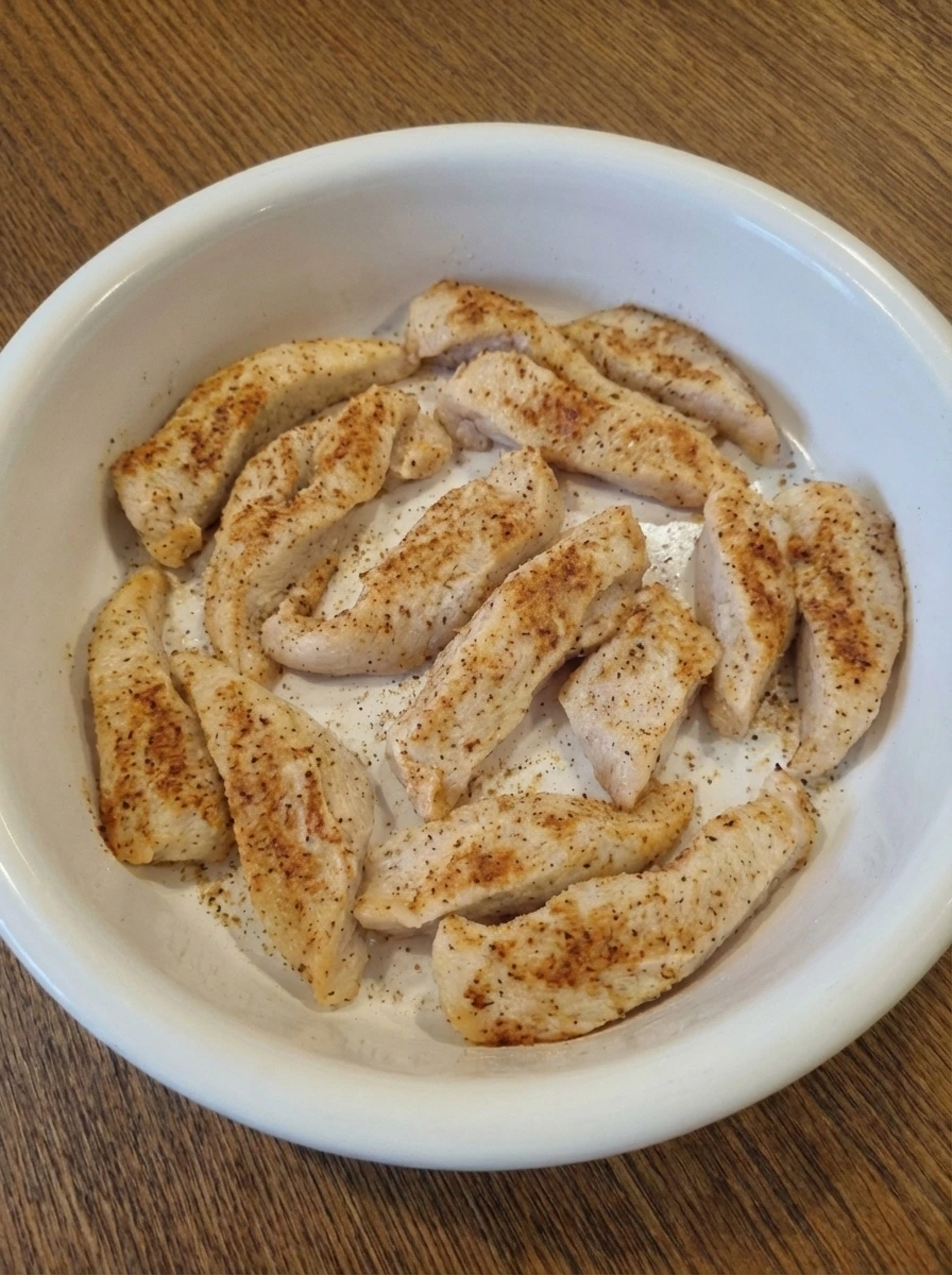 Golden cooked chicken strips for Creamy Chicken Alfredo Pasta on a white dish