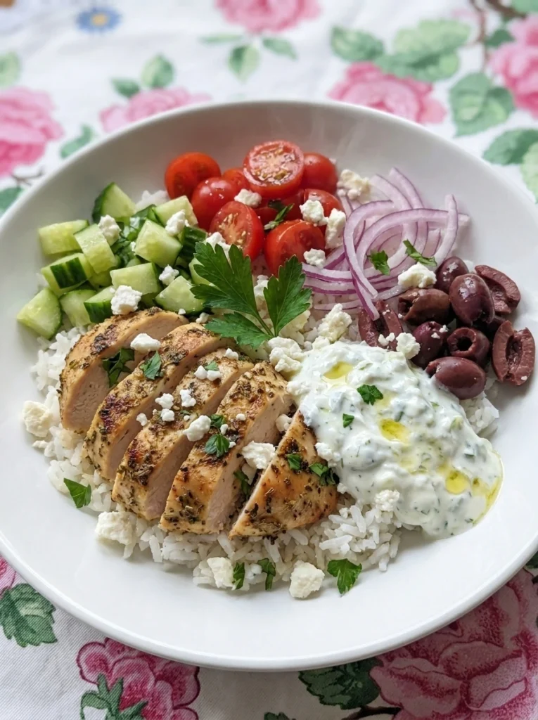 Greek Chicken Bowl with rice chicken vegetables feta and tzatziki on a white plate