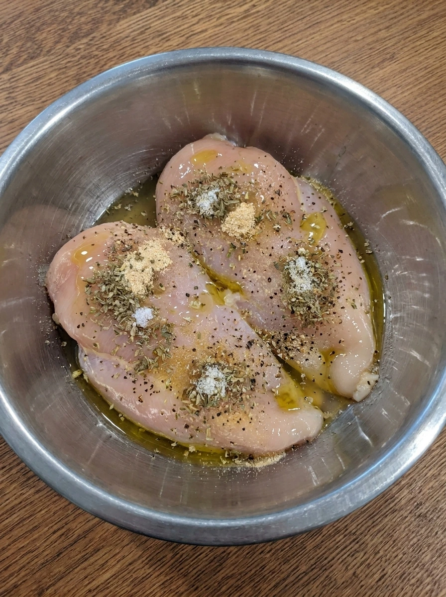 Chicken breasts coated with lemon and herb seasoning for Greek Chicken Bowl