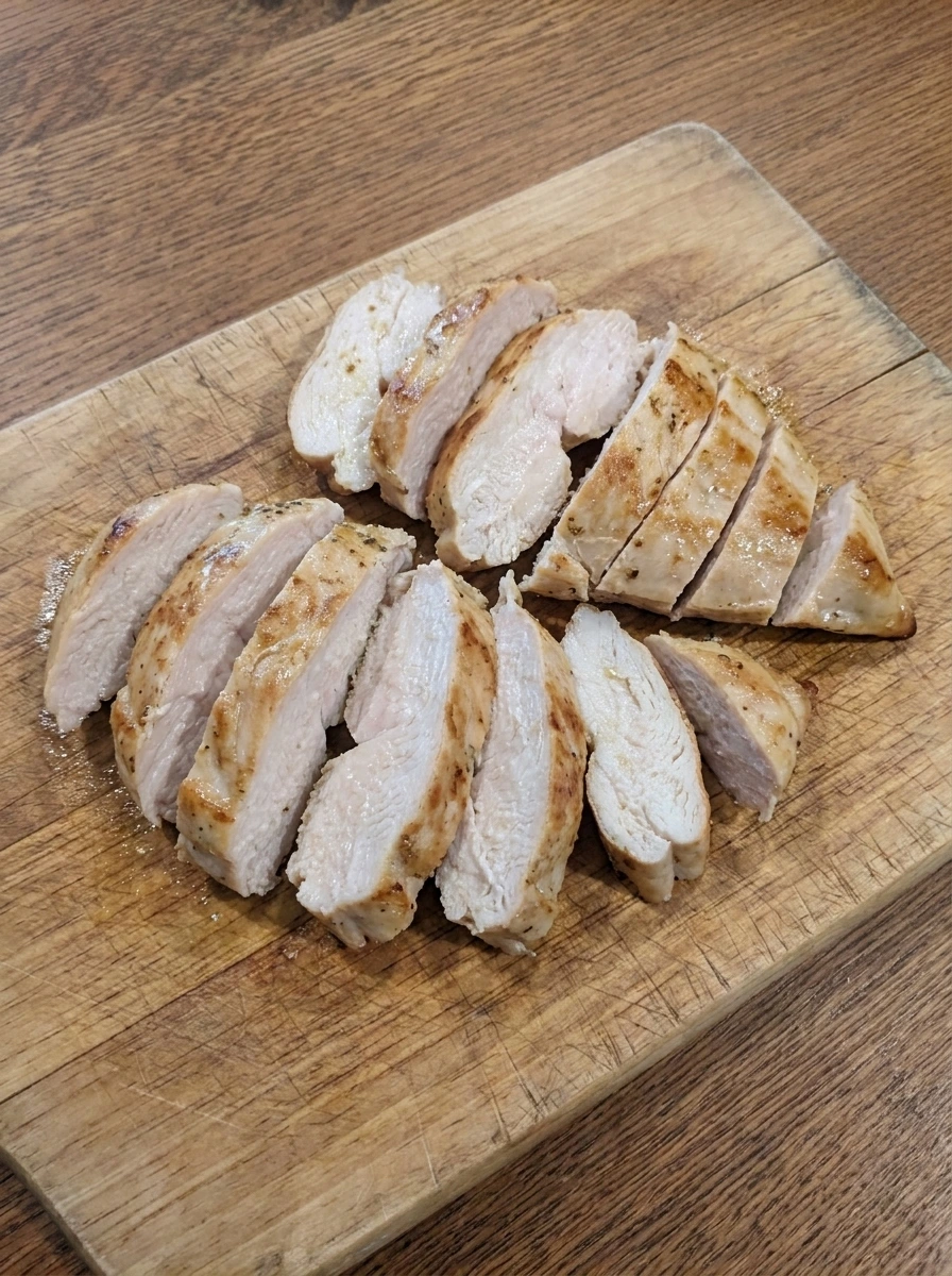 Sliced cooked chicken for Greek Chicken Bowl