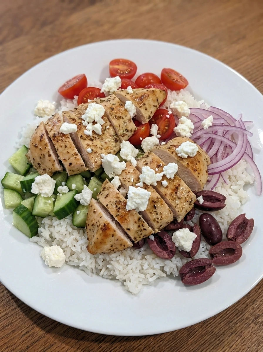 Greek Chicken Bowl with sliced chicken and feta added