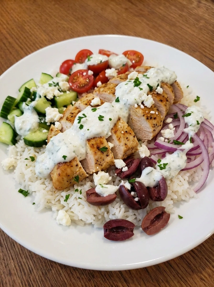 Finished Greek Chicken Bowl with tzatziki and parsley