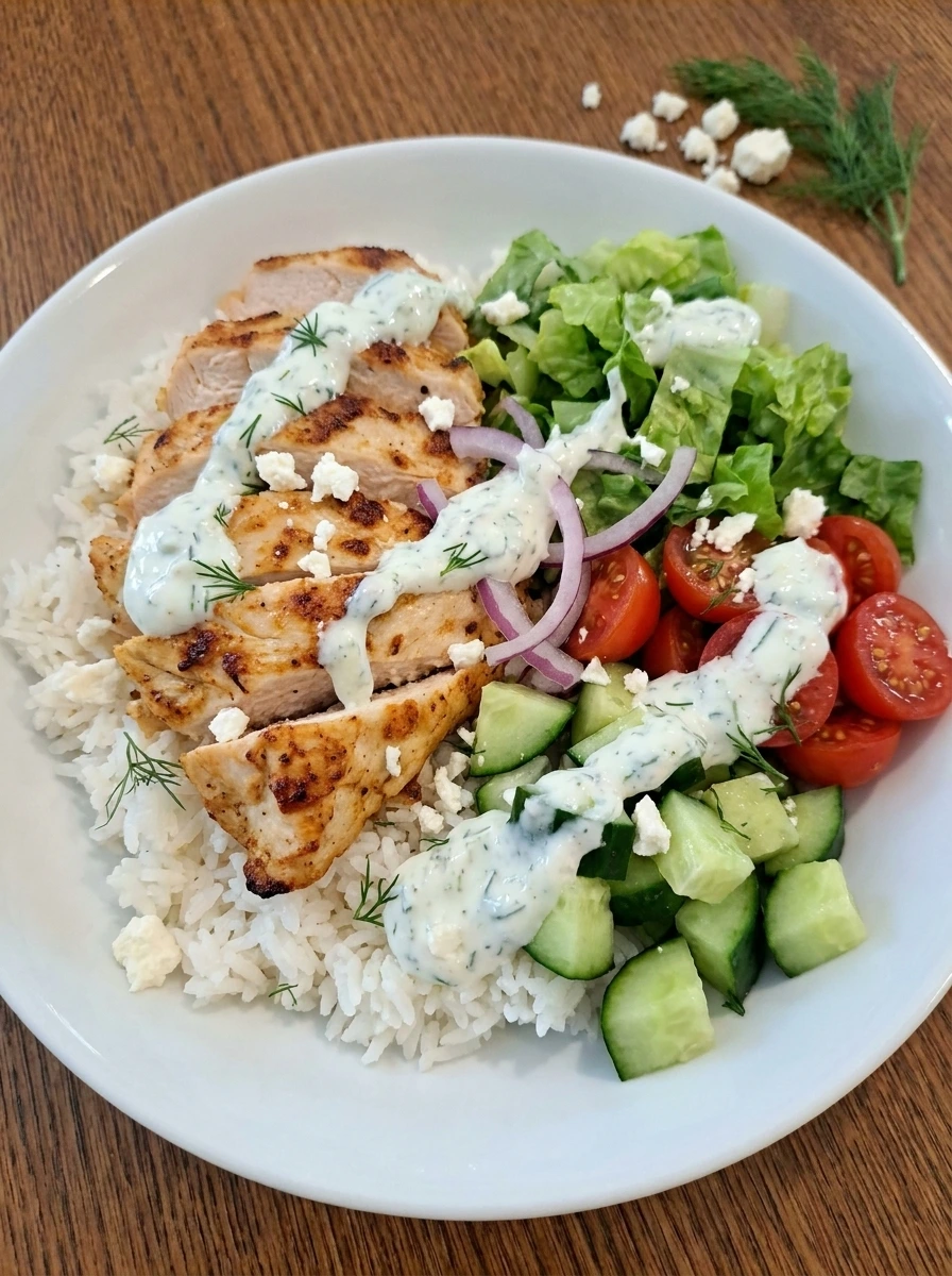 Greek Chicken Gyro Bowl with browned chicken and rice and vegetables and tzatziki on a white plate