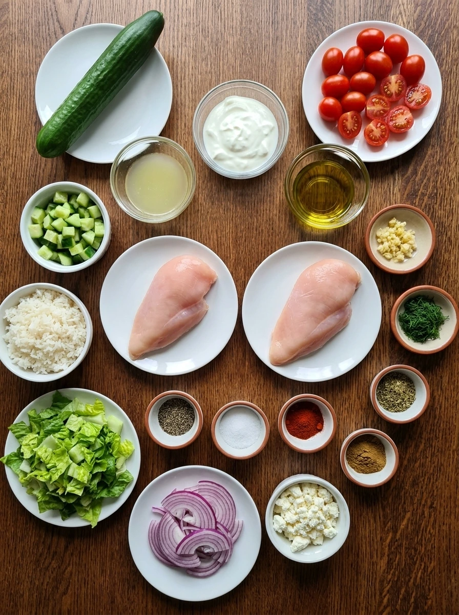 Greek Chicken Gyro Bowl ingredients arranged in separate small containers