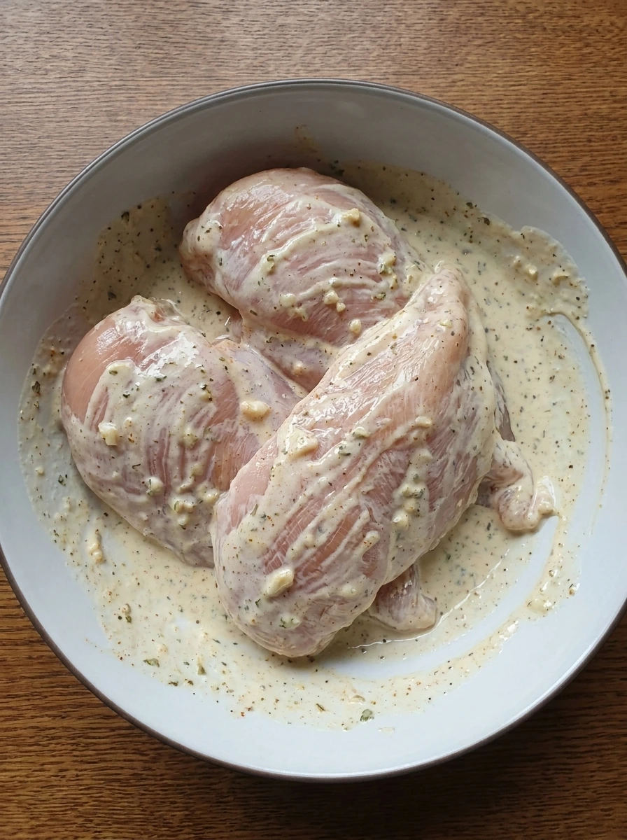 Chicken breasts coated in Greek yogurt marinade for Greek Chicken Gyro Bowl