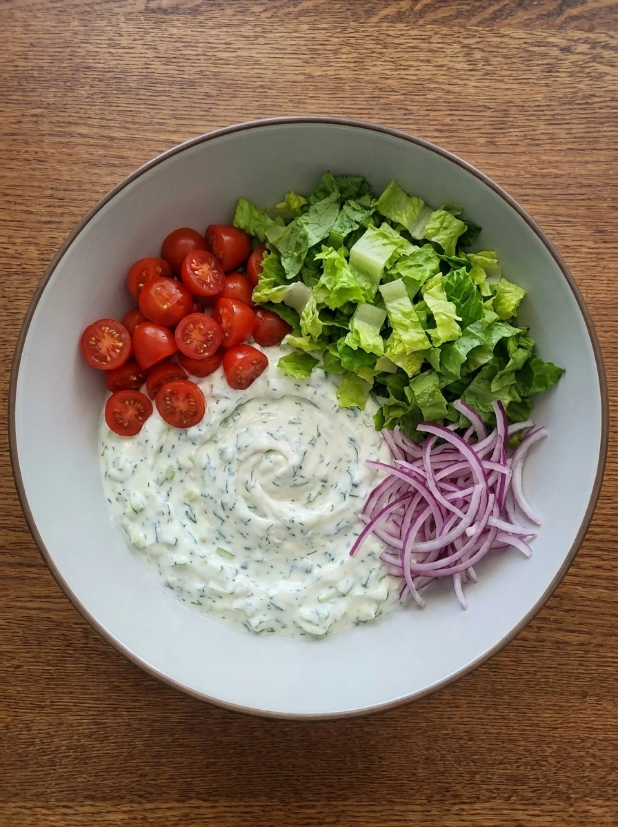 Tzatziki sauce and chopped vegetables for Greek Chicken Gyro Bowl